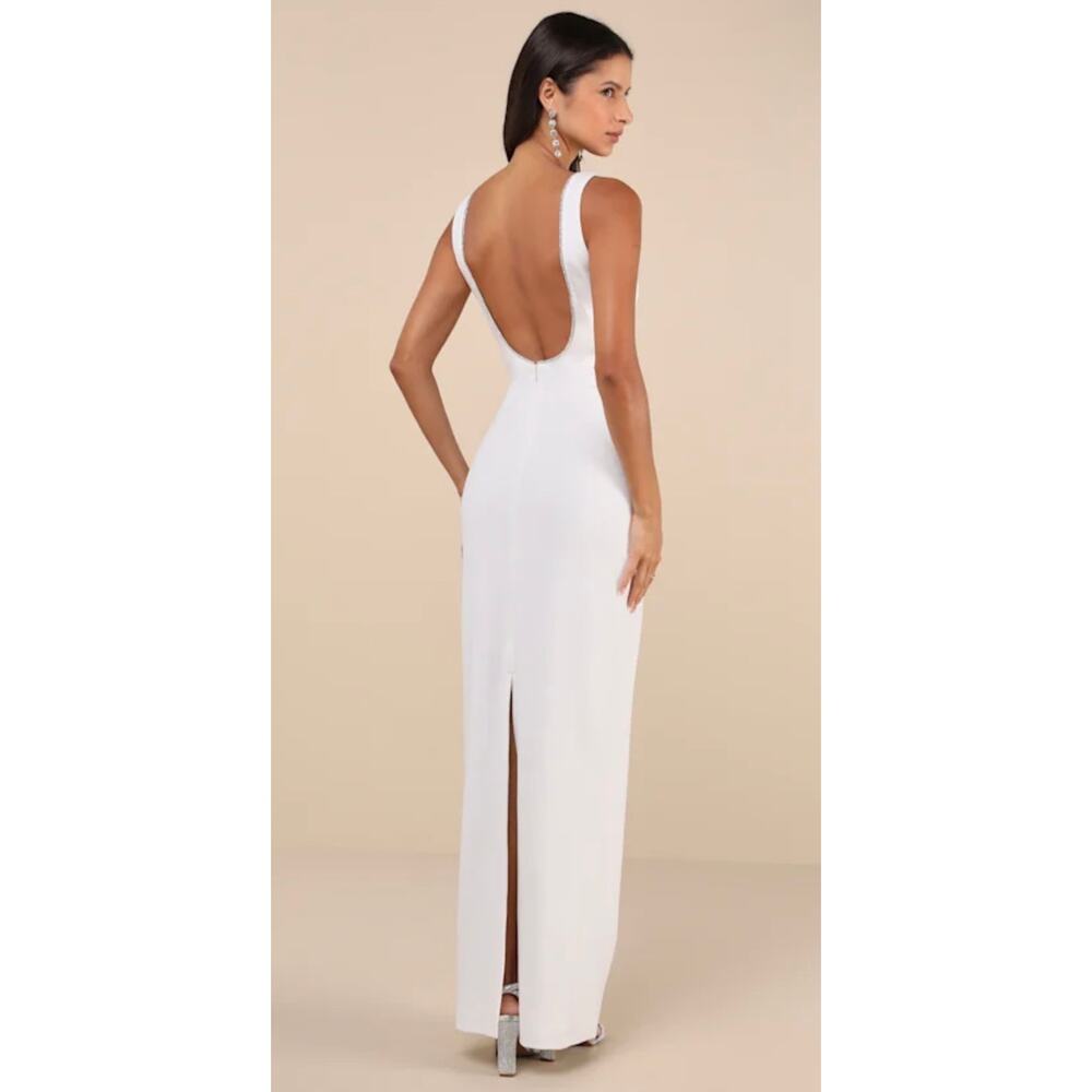 NWT! Lulus Timeless Poise White Rhinestone Square Neck Backless Maxi Dress L